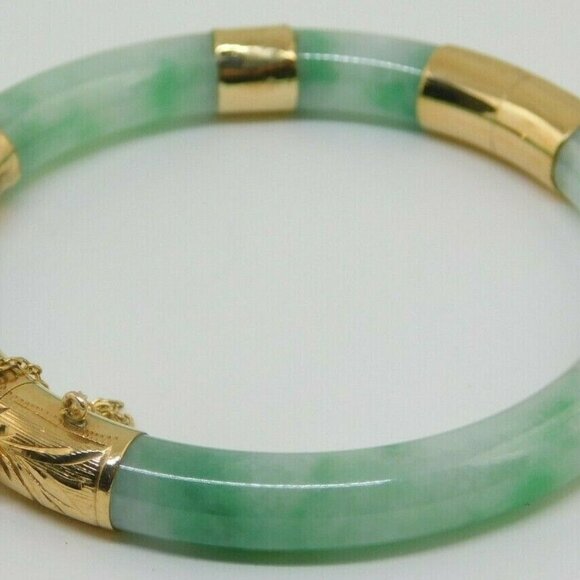 ESTATE 14K YELLOW GOLD GREEN JADE HINGED BANGLE BRACELET 30.4g 2-1/8" ACROSS - Picture 6 of 6